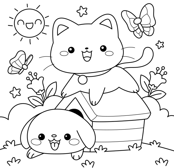 Coloring cats and dogs that get along well.