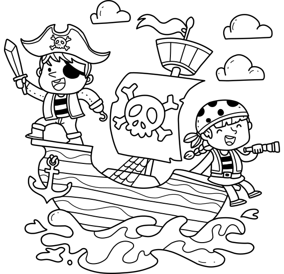 Coloring Pirate Ship in the Sea