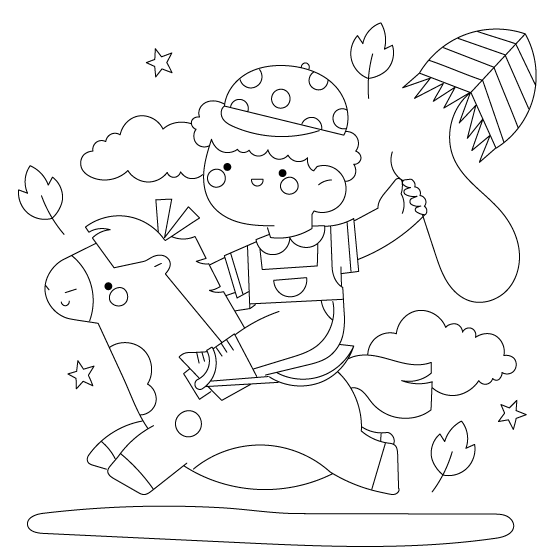Coloring myself flying a kite on a unicorn.