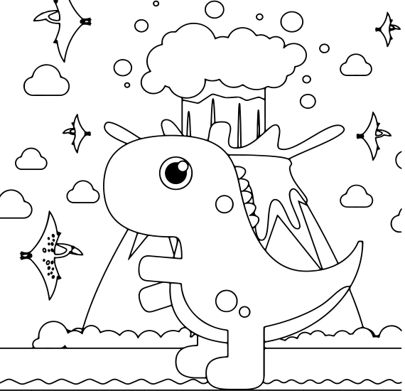 Coloring cute dinosaurs and volcanoes