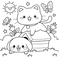 Coloring cats and dogs that get along well.